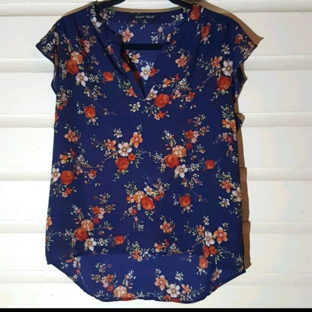 Sweet Rain floral hi lo ruffle sleeve top XL